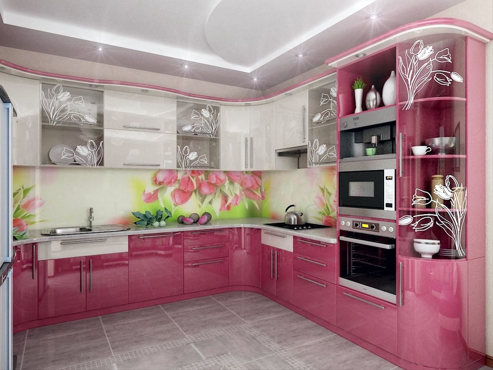 Угловая кухня в розовых тонах